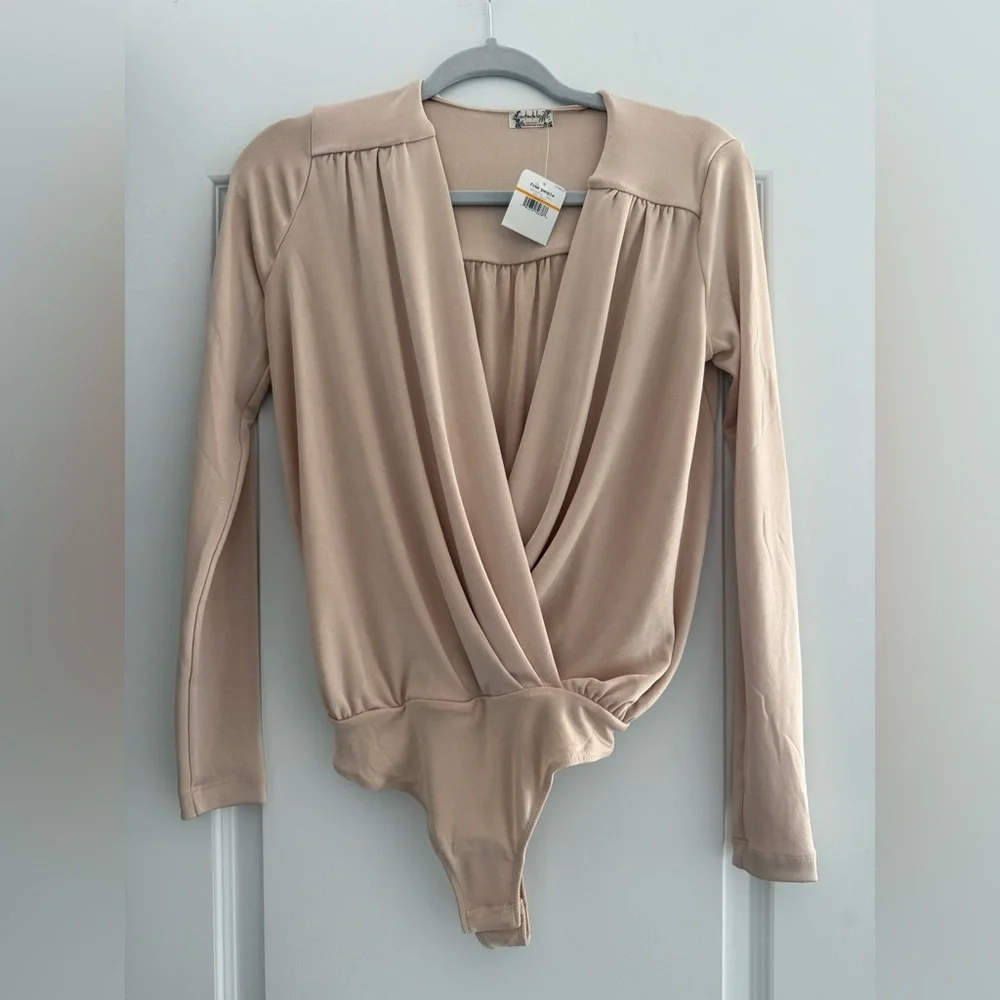 Free People Pink Pearl Wrap-Front Long Sleeve Bodysuit